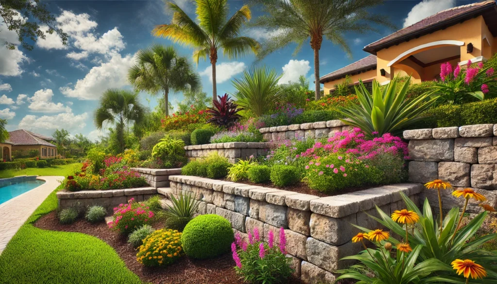 A professionally built natural stone retaining wall in a lush Florida backyard with vibrant flowers and a blue sky in the background.