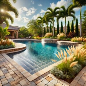 Sparkling pool with natural stone coping and beige-toned paver deck for Florida outdoor spaces.