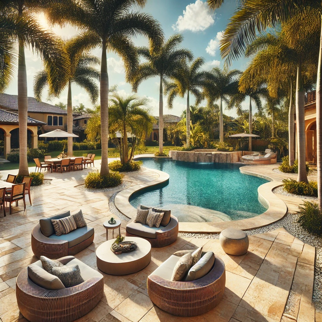 A luxurious pool deck in a sunny backyard in Lakeland, FL, with travertine pavers, surrounded by palm trees and outdoor seating.