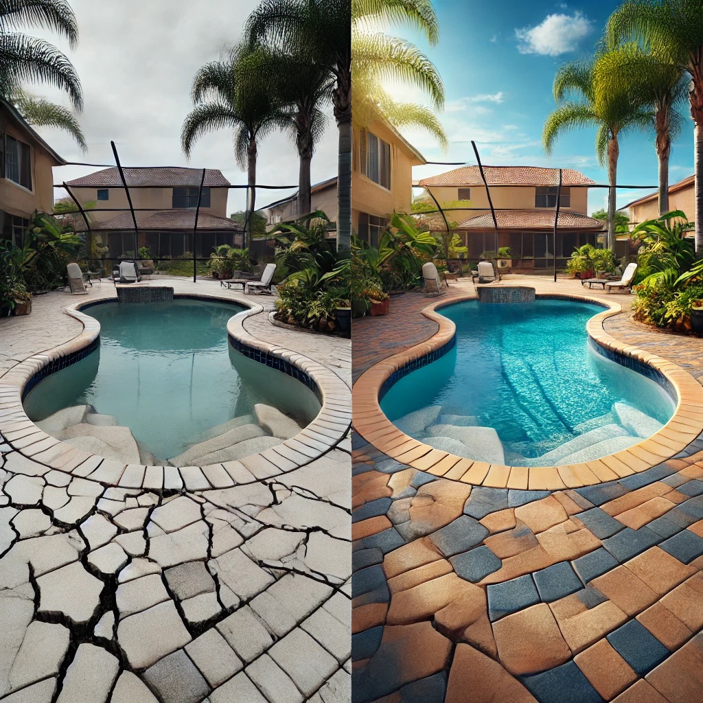 Before-and-after view of a pool deck renovation in Lakeland, featuring cracked concrete replaced with elegant pavers.