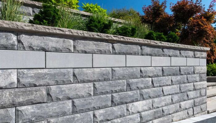 A picturesque stone retaining wall features a brick path, emphasizing the strength and beauty of retaining wall pavers in Lakeland, FL