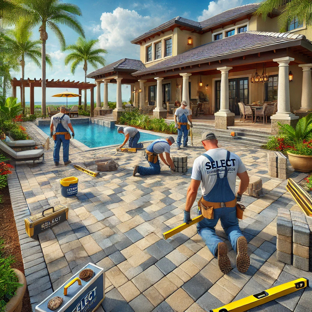 Patio contractor in branded uniforms installing beige and gray pavers in a checkerboard pattern for a backyard patio in Lakeland, FL, with tropical plants and a pergola under construction