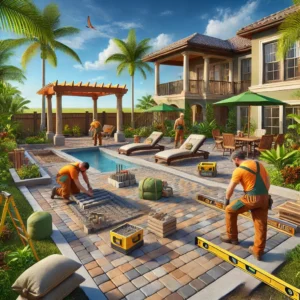 Patio contractor in branded uniforms completing a cobblestone patio with earthy brown, gray, and beige pavers in Lakeland, FL, surrounded by tropical landscaping and a pergola under construction