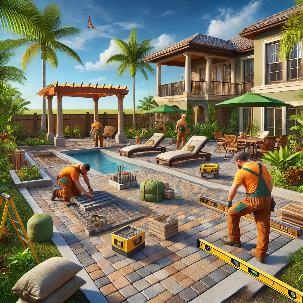 Patio contractor in branded uniforms completing a cobblestone patio with earthy brown, gray, and beige pavers in Lakeland, FL, surrounded by tropical landscaping and a pergola under construction