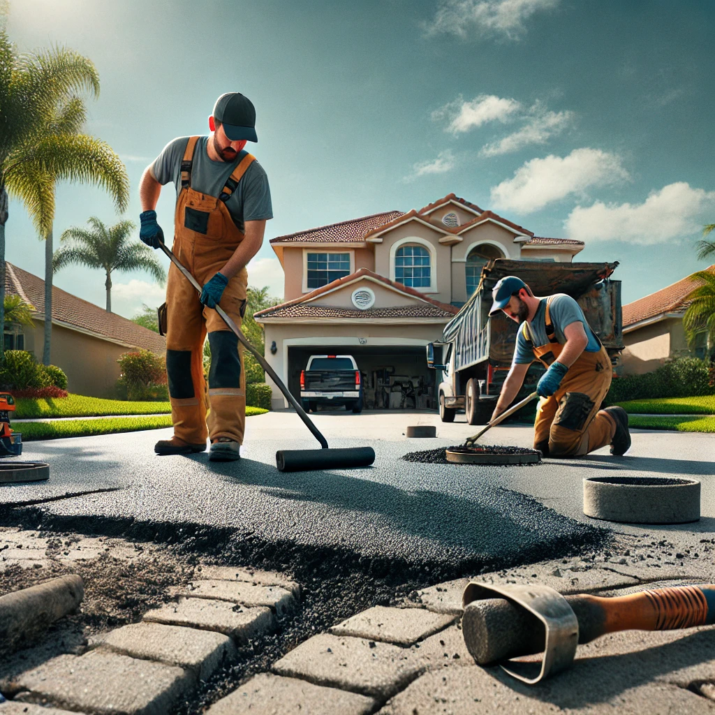 Two workers in safety gear patching a driveway in a sunny suburban neighborhood in Lakeland, FL, with palm trees, green lawns, and a single-story home in the background.