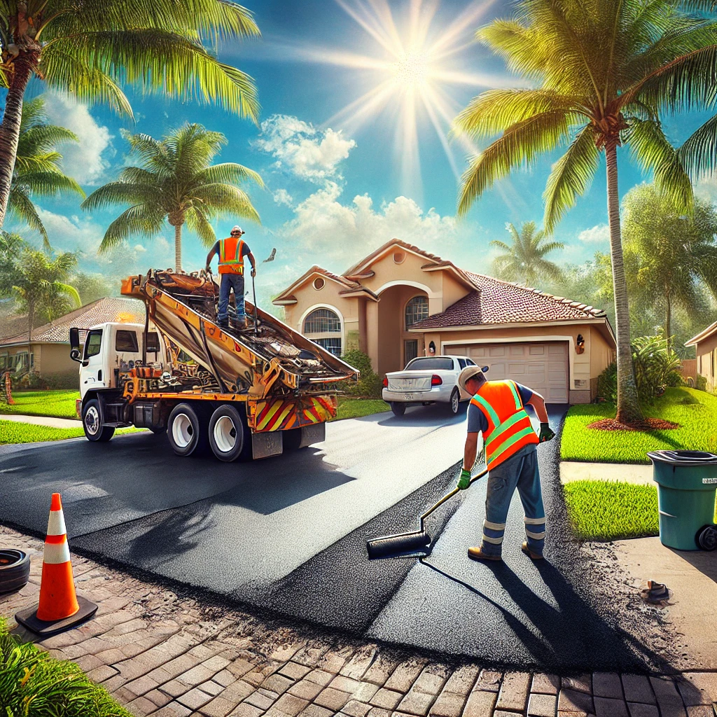 Two workers in high-visibility safety vests smoothing asphalt on a driveway in Lakeland, FL, with palm trees, a suburban home, and bright sunlight highlighting the scene.