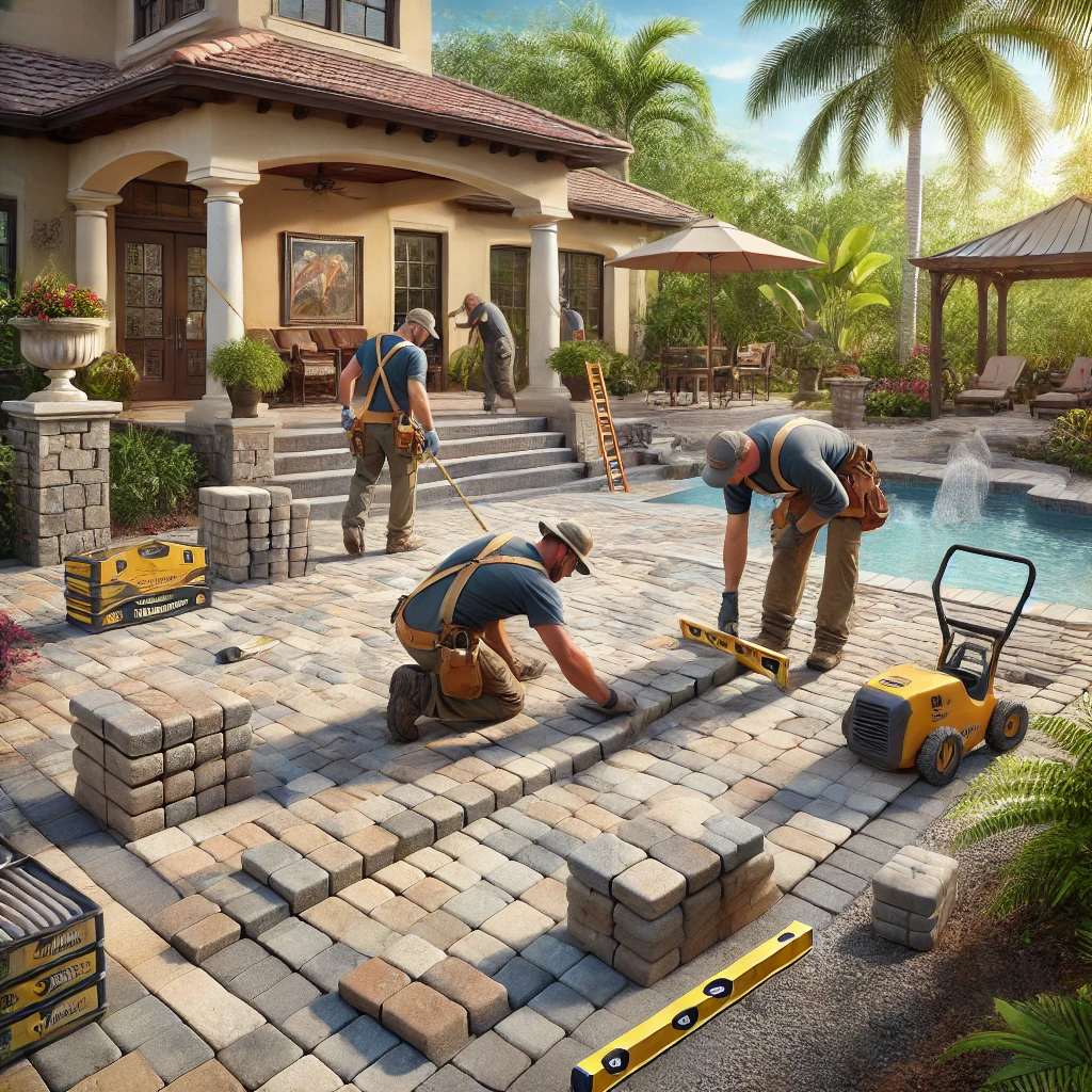 Patio contractor in branded uniforms arranging earthy beige and gray pavers in a herringbone pattern on a patio in Lakeland, FL, with tropical plants and a gazebo under construction