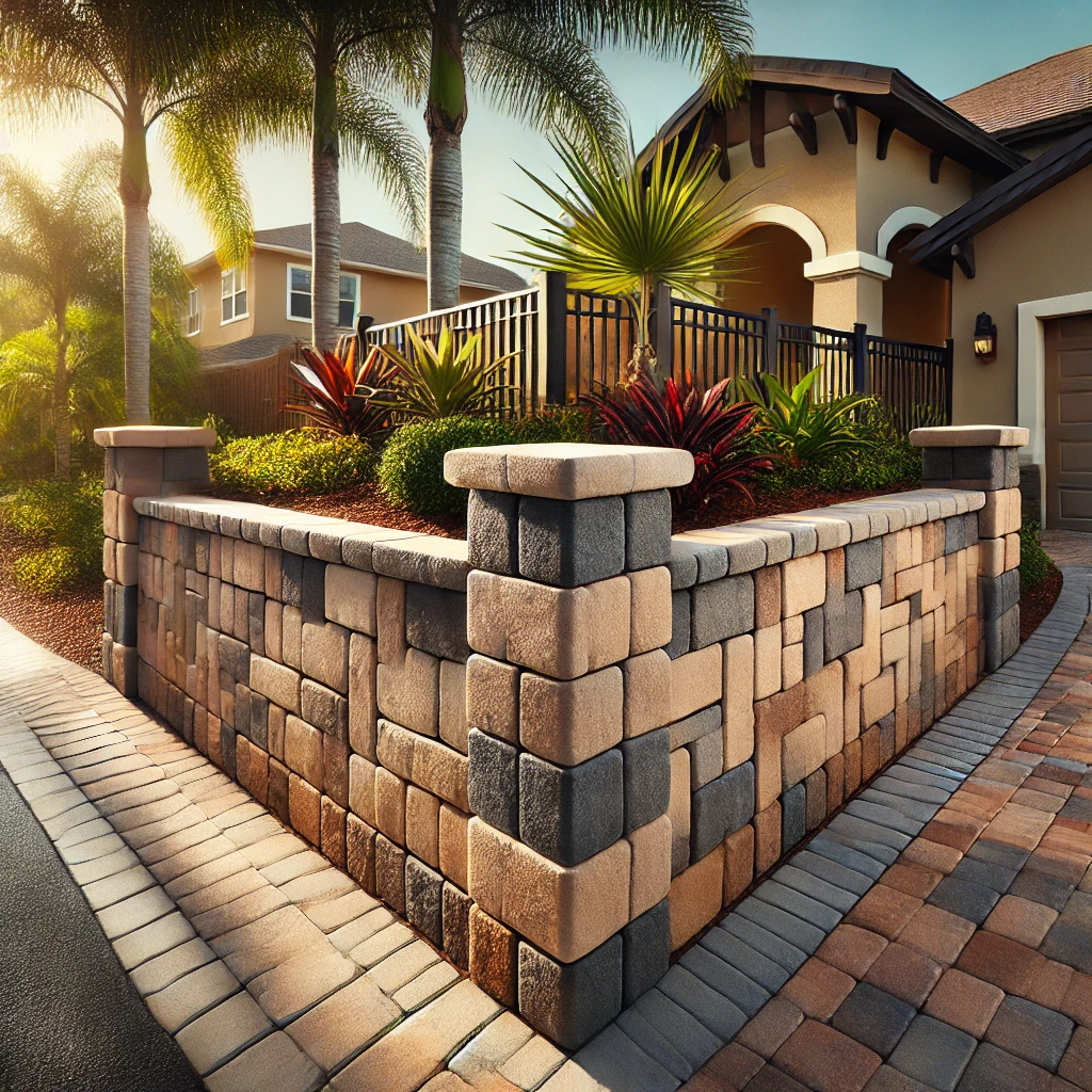 A block wall installation by Select Lakeland Pavers in Lakeland, FL, featuring beige, brown, and charcoal interlocking blocks, tropical landscaping, and a curved design under bright sunlight.