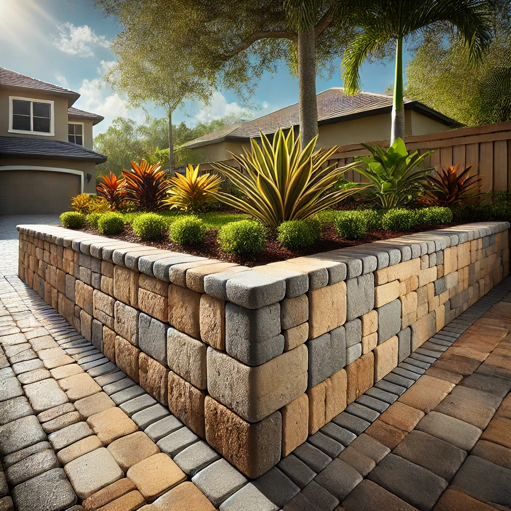 A block wall installation by Select Lakeland Pavers in Lakeland, FL, featuring earthy tan and gray tones, tropical landscaping, a manicured lawn, and a matching paved walkway.