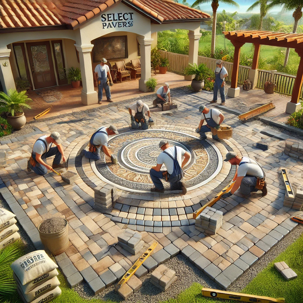 Patio contractor in branded uniforms installing circular-patterned gray, tan, and brown pavers in a backyard patio in Lakeland, FL, surrounded by a Florida-style home and tropical landscaping