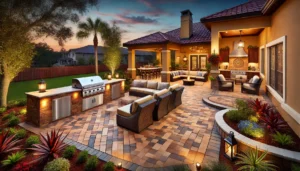 A Lakeland outdoor entertainment area with warm tan and deep red herringbone paver flooring, an outdoor kitchen with a stainless steel grill and bar stools, a lounge with cushioned sofas, and a fire pit surrounded by tropical plants under twilight lighting.