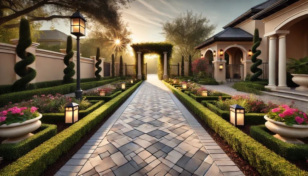 A Lakeland paving walkway with beige and charcoal interlocking pavers in a geometric pattern, bordered by flower beds, hedges, solar lights, and a pergola covered in vines under soft morning sunlight.