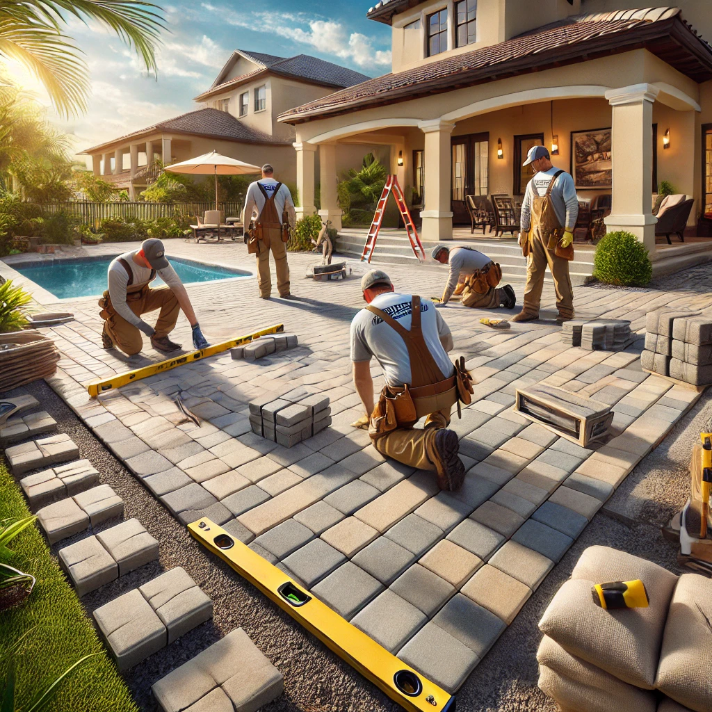 Patio contractor in branded uniforms laying rectangular gray and tan pavers in a grid pattern for a modern backyard patio in Lakeland, FL, surrounded by tropical landscaping and outdoor furniture