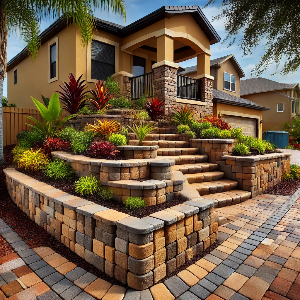 A block wall installation by Select Lakeland Pavers in Lakeland, FL, featuring tan, brown, and gray interlocking blocks, tropical plants, flower beds, and a paved patio under bright Florida sunlight.