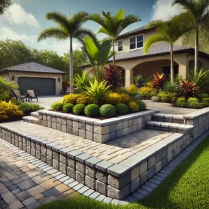 A block wall installation by Select Lakeland Pavers in Lakeland, FL, featuring light beige and slate gray interlocking blocks, surrounded by tropical plants, a manicured lawn, and a paved patio.