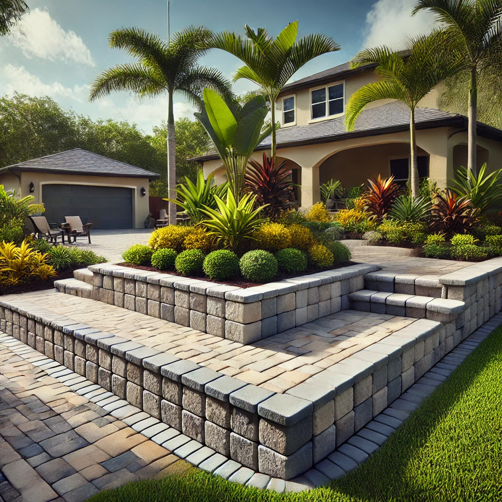 A block wall installation by Select Lakeland Pavers in Lakeland, FL, featuring light beige and slate gray interlocking blocks, surrounded by tropical plants, a manicured lawn, and a paved patio.