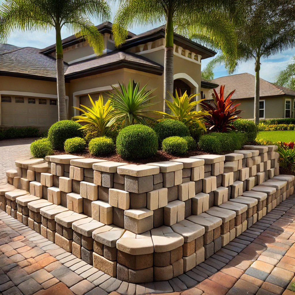 A block wall installation by Select Lakeland Pavers in Lakeland, FL, featuring sand, beige, and gray interlocking blocks, tropical landscaping, and a paved walkway under bright Florida sunlight.